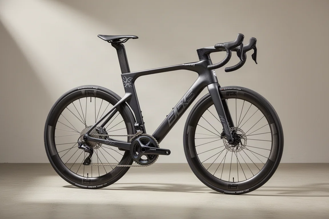 Carbon aero racefiets met hoge velgen, schuin gefotografeerd op beton