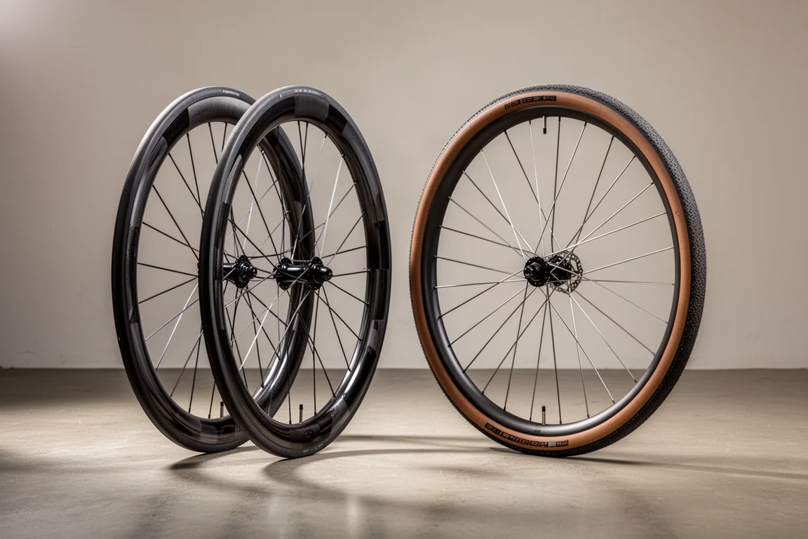 コンクリートの上に並んだ2組のカーボン製自転車用ホイールセット。ディープリムのロード用と、よりワイドなグラベル用