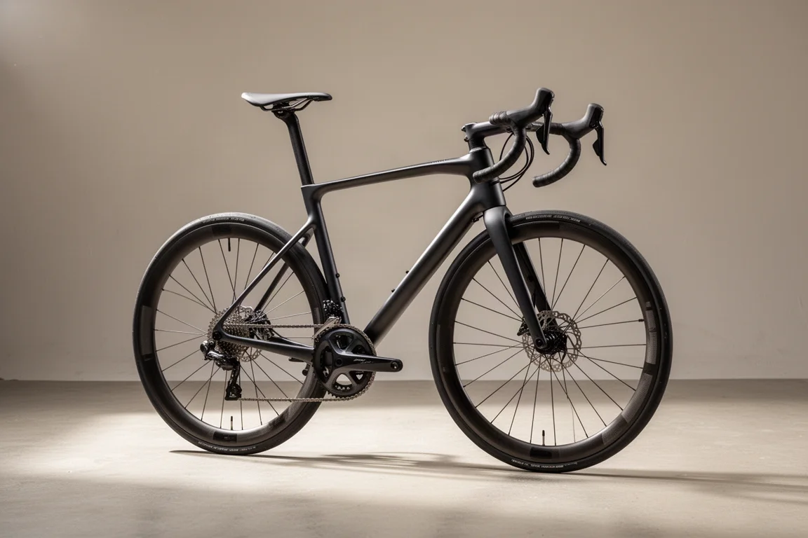 Lichtgewicht ongespoten carbon racefiets met ondiepe carbonwielen op beton