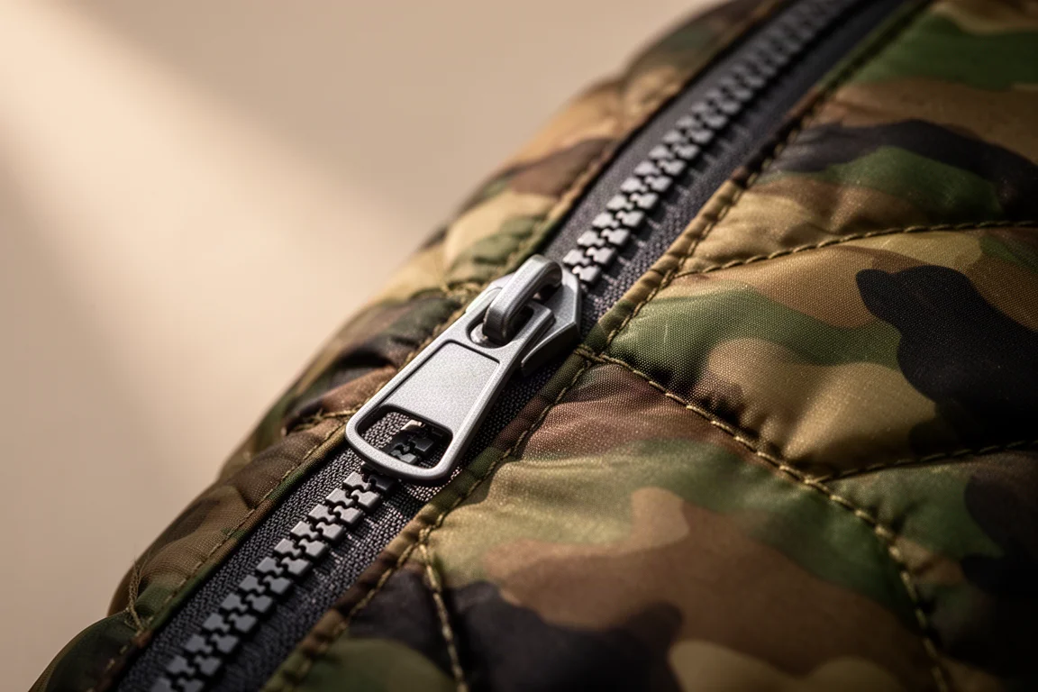 Gros plan sur une fermeture à glissière courant le long d'un tissu en nylon camouflage matelassé