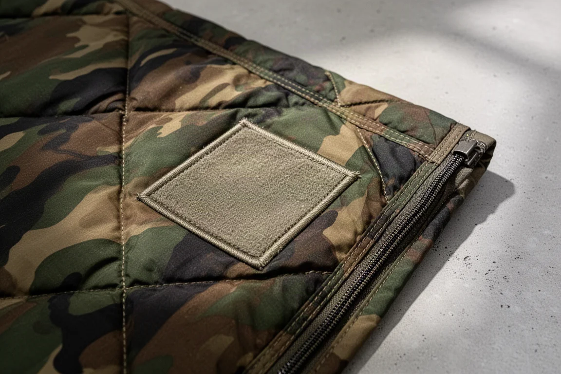 Patch de réparation cousu sur un tissu camouflage matelassé à côté d'une couture de fermeture renforcée