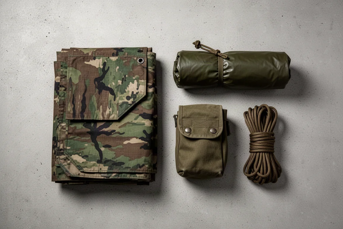 Vue à plat d'un poncho liner camo plié, d'un poncho roulé, d'une pochette en toile et de paracorde sur du béton