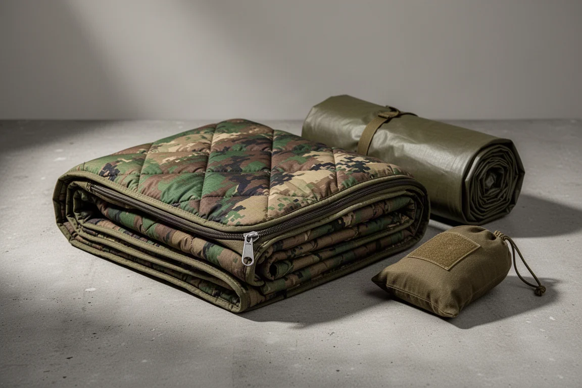 Folded digital woodland poncho liner with zipper beside a rolled olive poncho on concrete