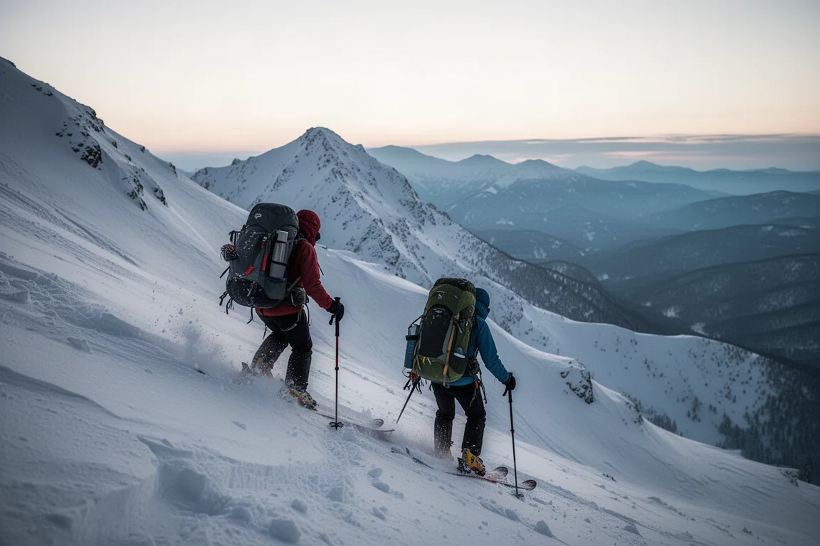 Two ski tourers with heavy packs ascending a steep snow slope at first light