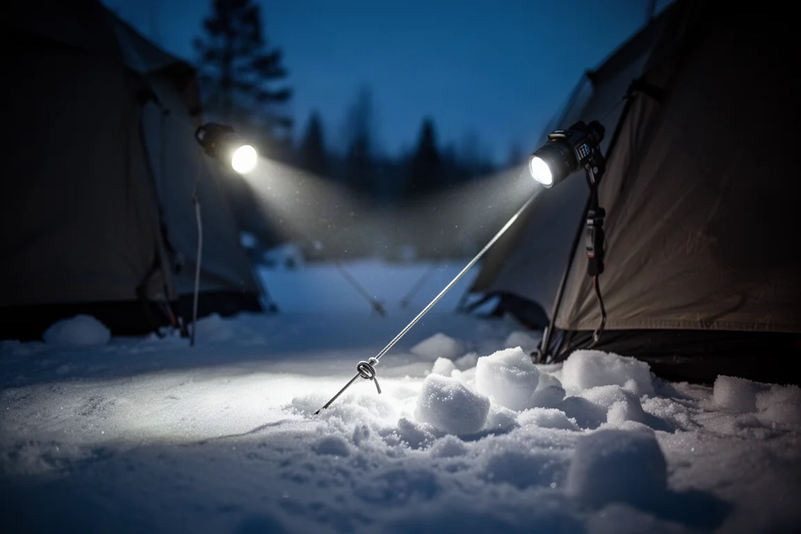 Headlamp beam cutting through darkness across a snow-covered campsite at twilight