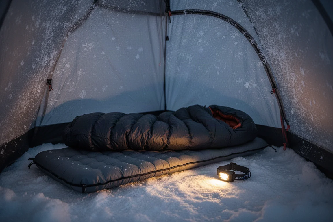 Interior of a frosted winter tent with an insulated sleeping pad and down bag laid out