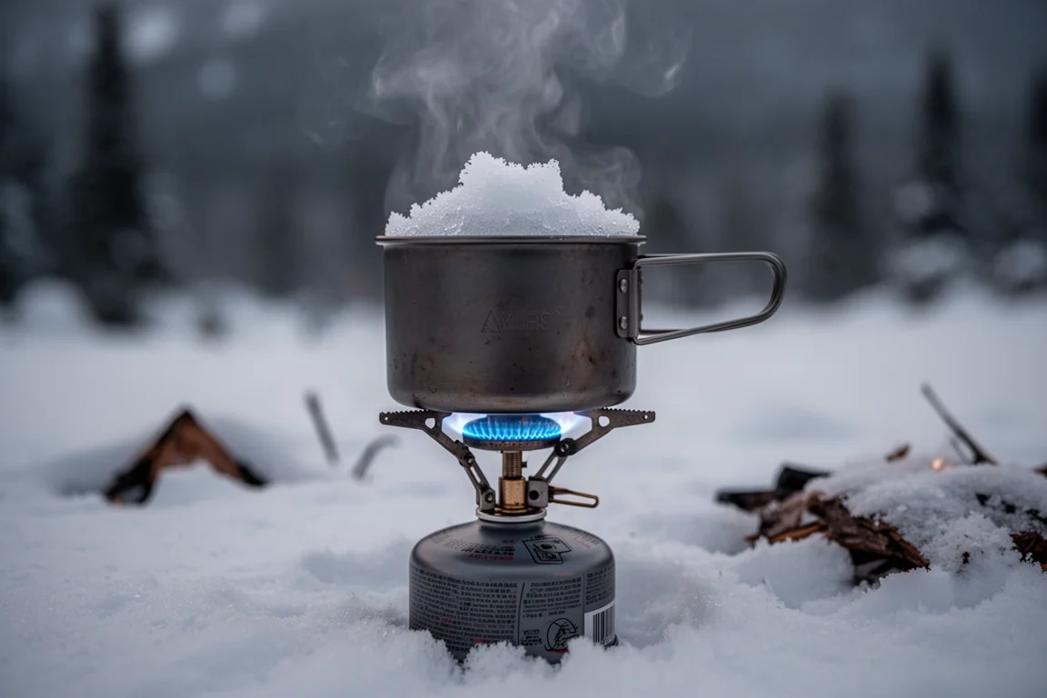 Liquid fuel stove burning with a blue flame under a pot of melting snow at camp