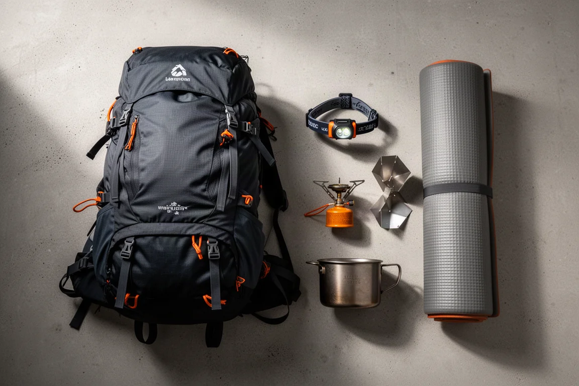 Winter backcountry gear flat lay with pack, headlamp, stove, sleeping pad, and titanium pot