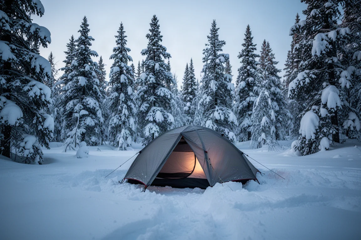 Vintertält uppslaget på packad snö i en skyddad glänta i skymningen