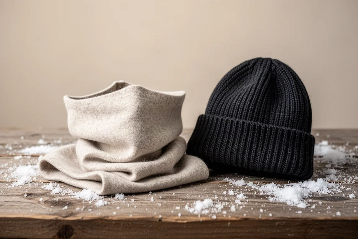Havreflätad ullansiktsmask vikt på snö bredvid en mörk stickad mössa