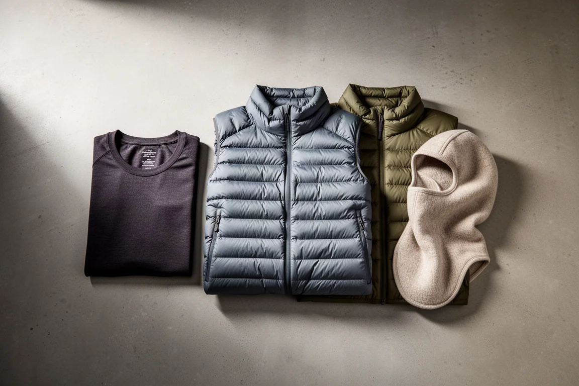 Cold-weather backpacking layers arranged on a concrete surface