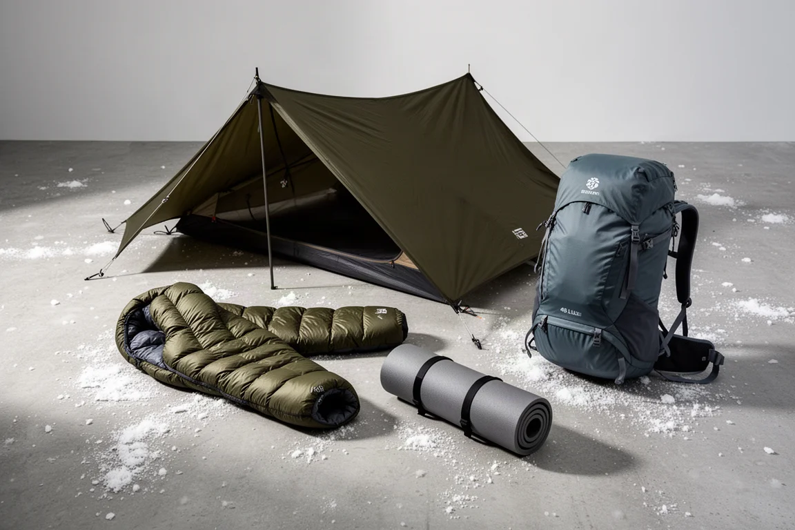 Flat-lay of winter backpacking gear including a down jacket, sleeping pad, water filter, boots and tarp