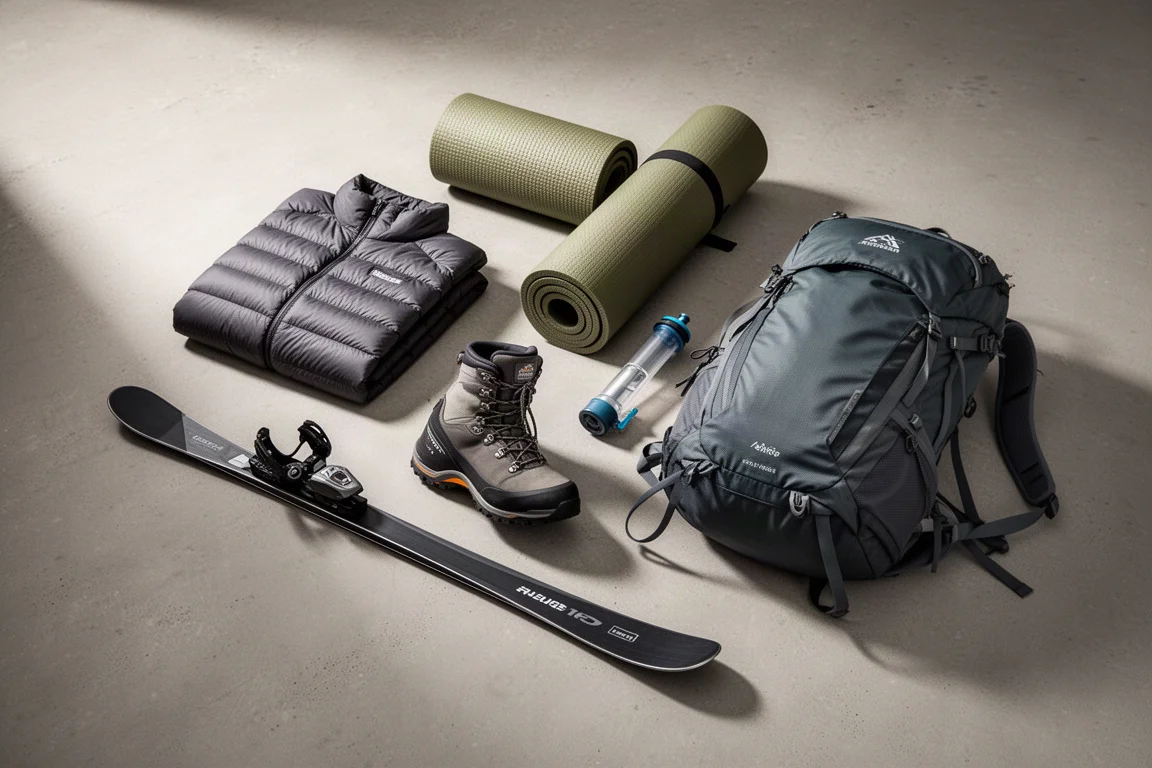Winter backpacking quilt, sleeping bag, two pads, liner, and loaded pack arranged on concrete