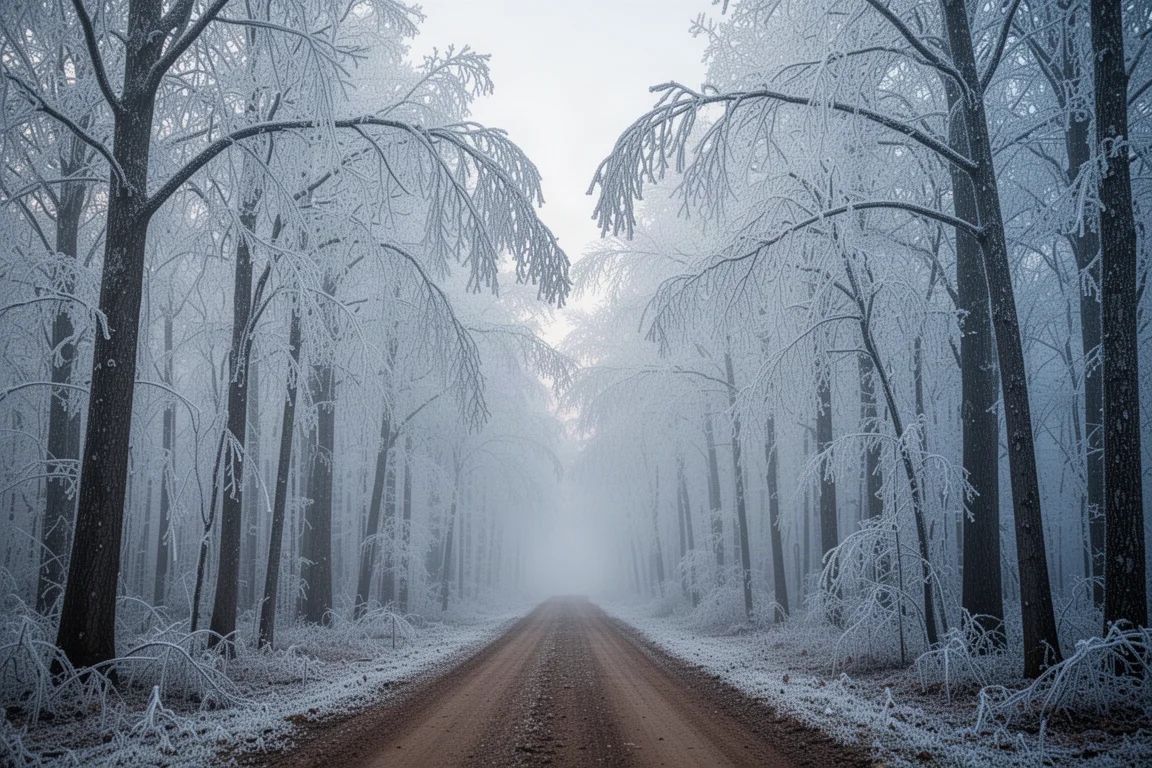 Forêt de feuillus couverte de glace aux premières lueurs du jour, avec un étroit chemin forestier se fondant dans la brume