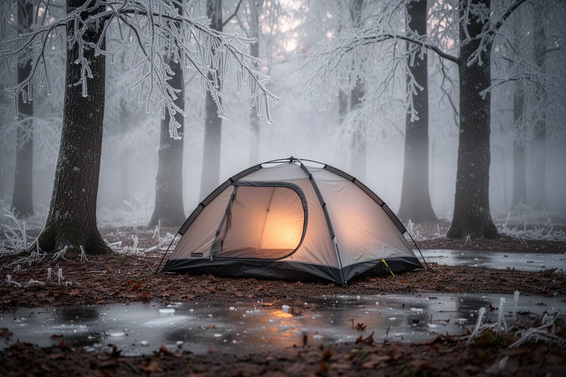 Petite tente igloo montée sous des arbres couverts de glace au crépuscule, avec une lumière chaude à l'intérieur