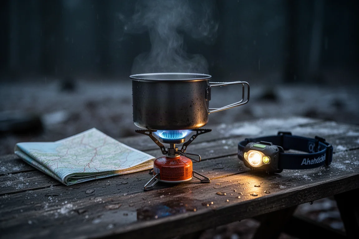 Réchaud de randonnée brûlant avec une flamme bleue sous une casserole sur une table de campement mouillée, la nuit