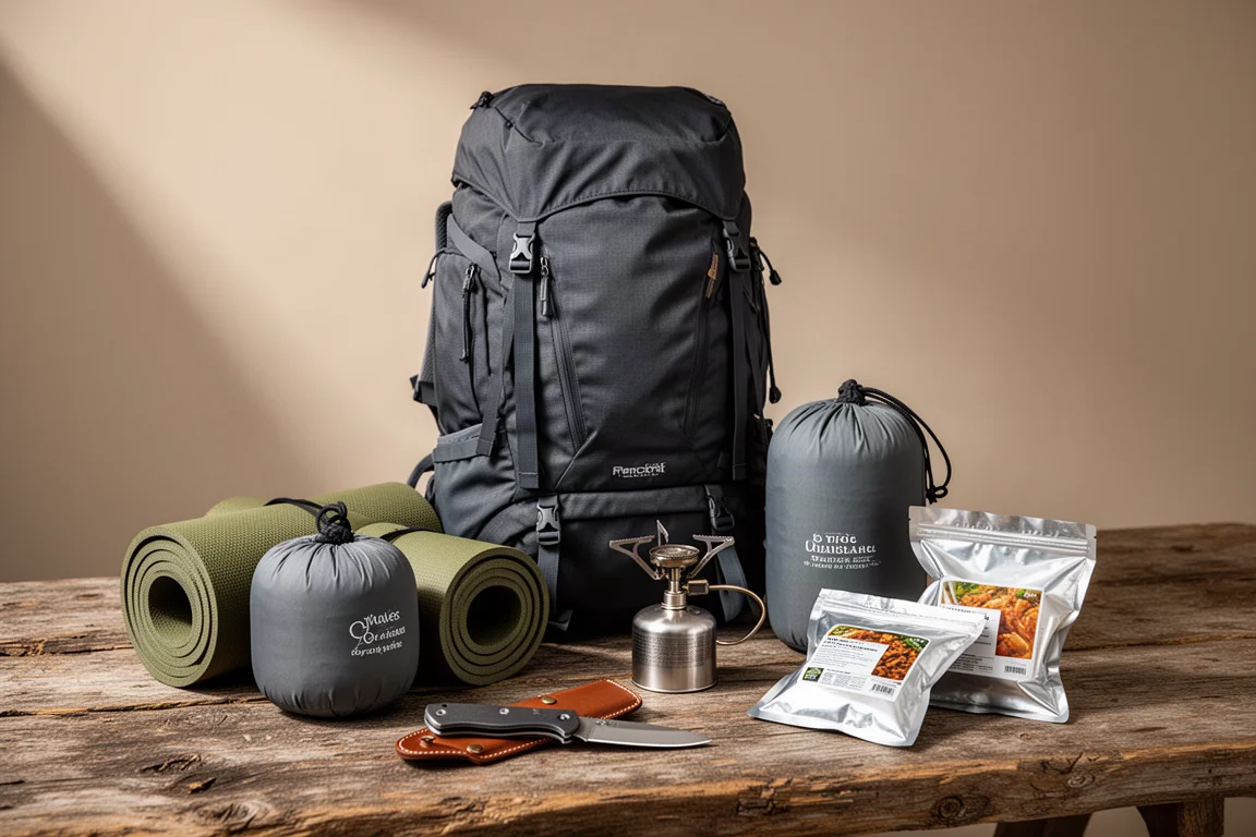 Winter backpacking kit with pack, sleeping pad, tent, stove, knife and meal pouches on wood