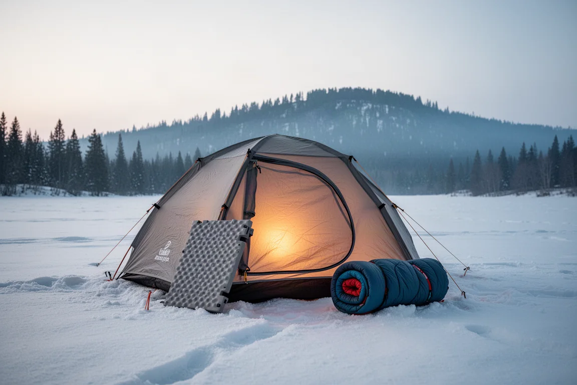 Tält uppslaget på snö i skymningen med ett skumunderlag och en quilt utanför