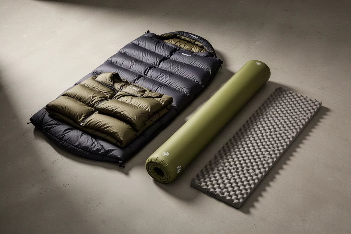 Winter backpacking flat lay with a down quilt, jacket and two sleeping pads