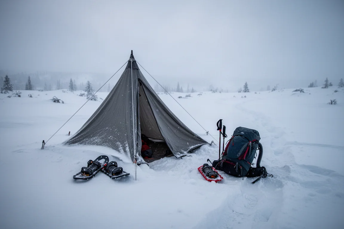 Backcountry camp in deep snow at first light with a low conical tent and faint tracks