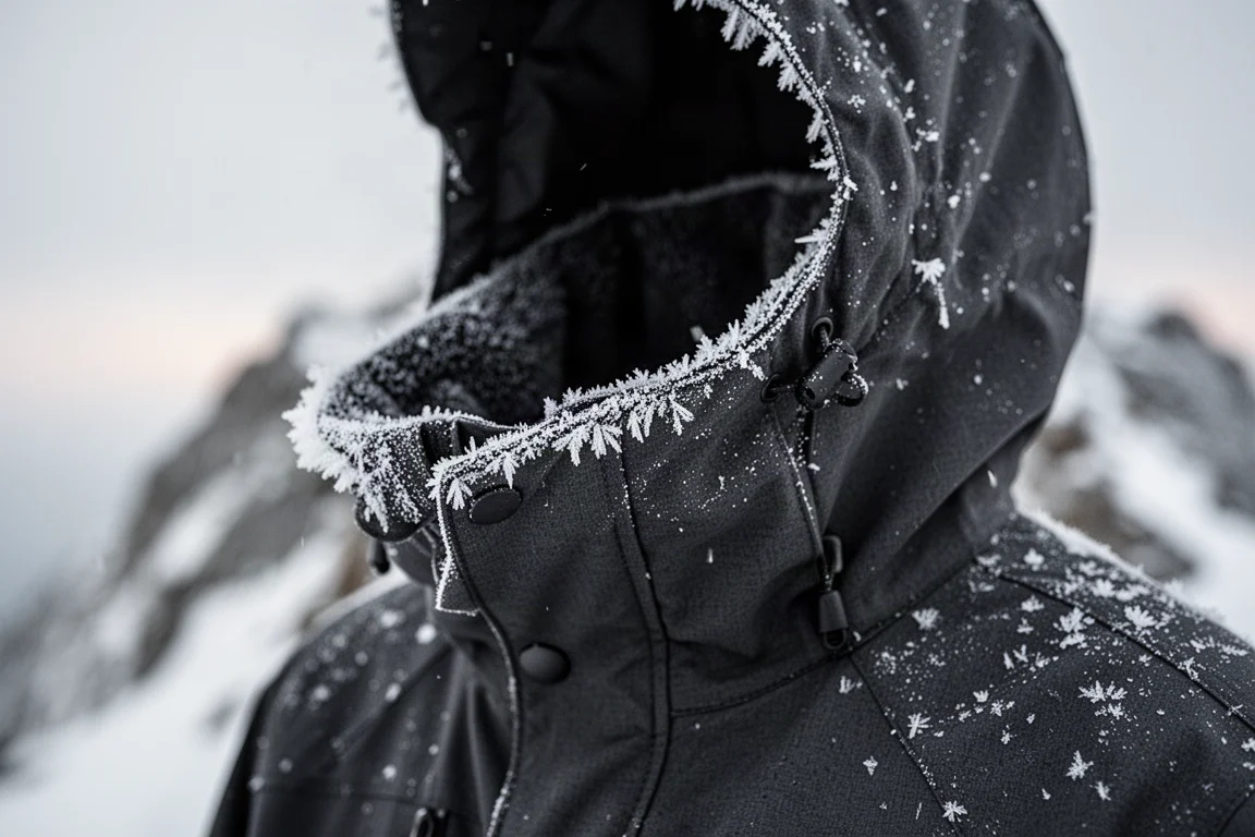 Frost-covered hood and collar of a windproof winter jacket against a snowy ridge