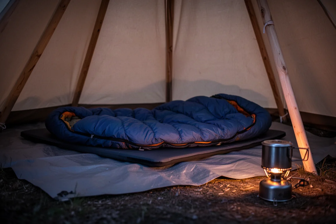 Interior of a heated tipi shelter at night with a sleeping bag and glowing stove