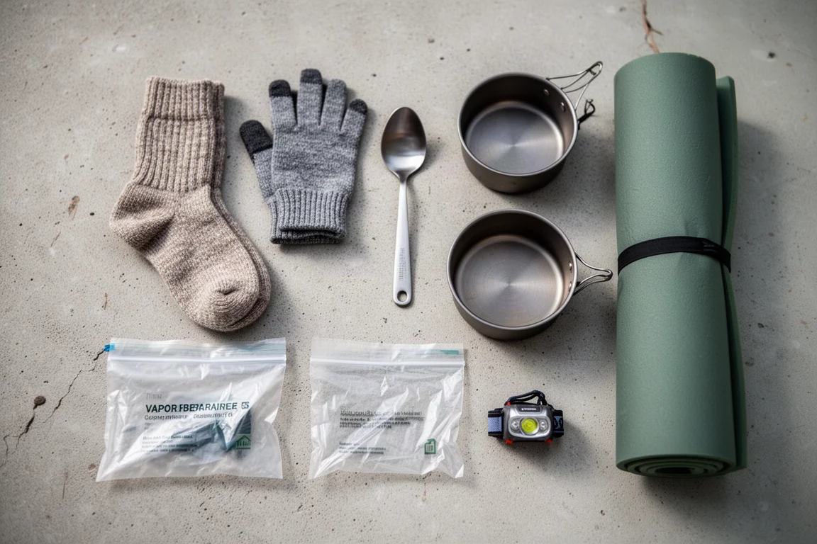 Overhead flat-lay of winter backpacking accessories on a concrete surface