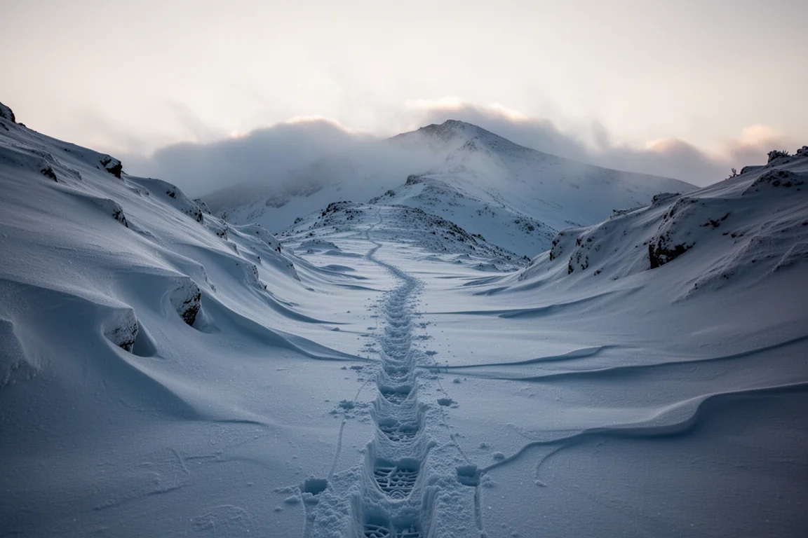 Sentier alpin enneigé à l'aube avec traces de bottes et de raquettes menant vers le haut