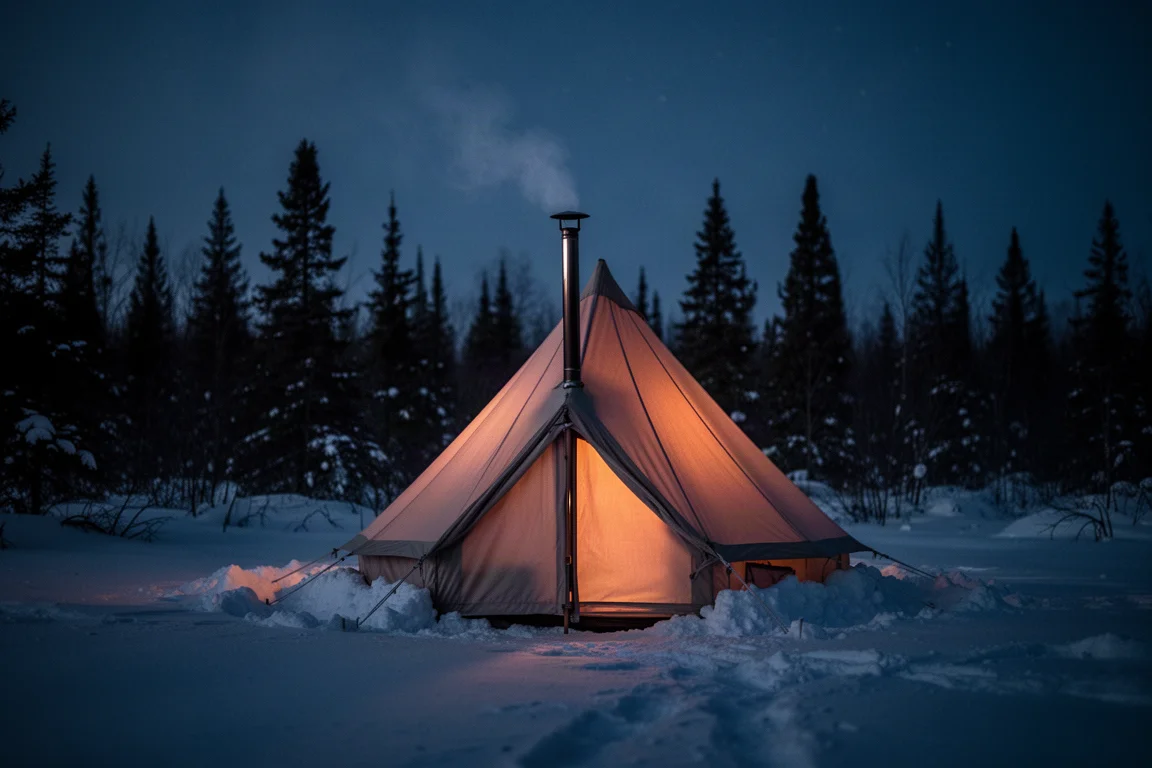 Petite tente chauffée qui brille la nuit avec fumée de tuyau de poêle et neige amassée autour