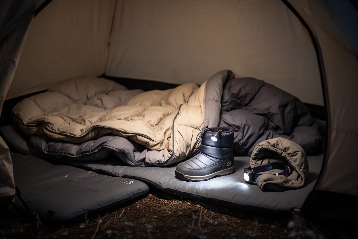Couche de couchage superposée et chaussons isolés dans une tente d'hiver la nuit