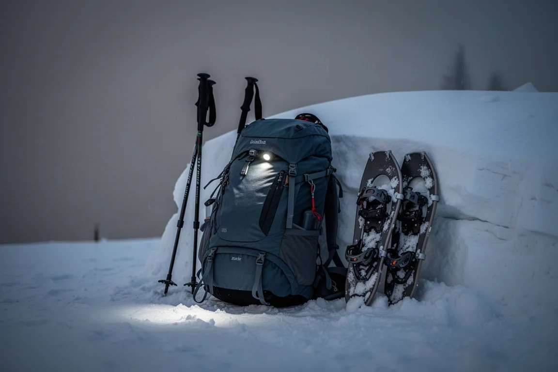 Sac à dos d'hiver entièrement chargé sur un départ de sentier enneigé avant l'aube