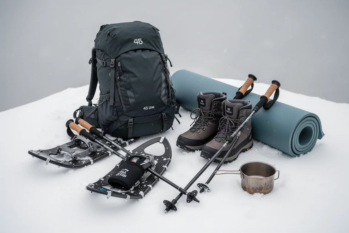 Kit de bivouac hivernal sur la neige avec sac à dos, raquettes, bottes, bâtons et popote en titane