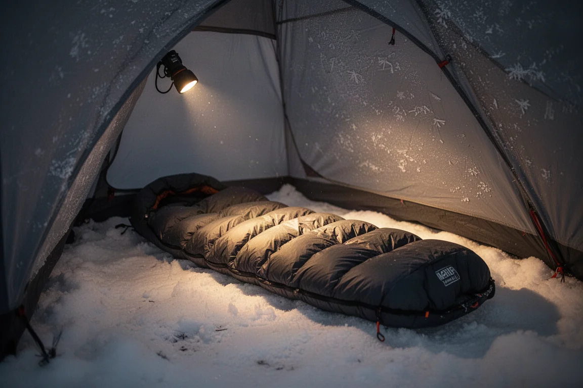 Interior of a winter tent with a down sleeping bag and insulated pad on snow