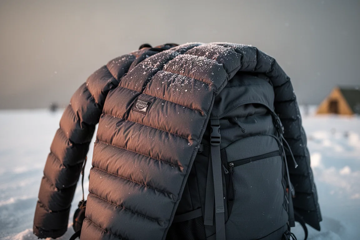 Layered winter clothing arranged on packed snow including jacket, base layer, and gloves