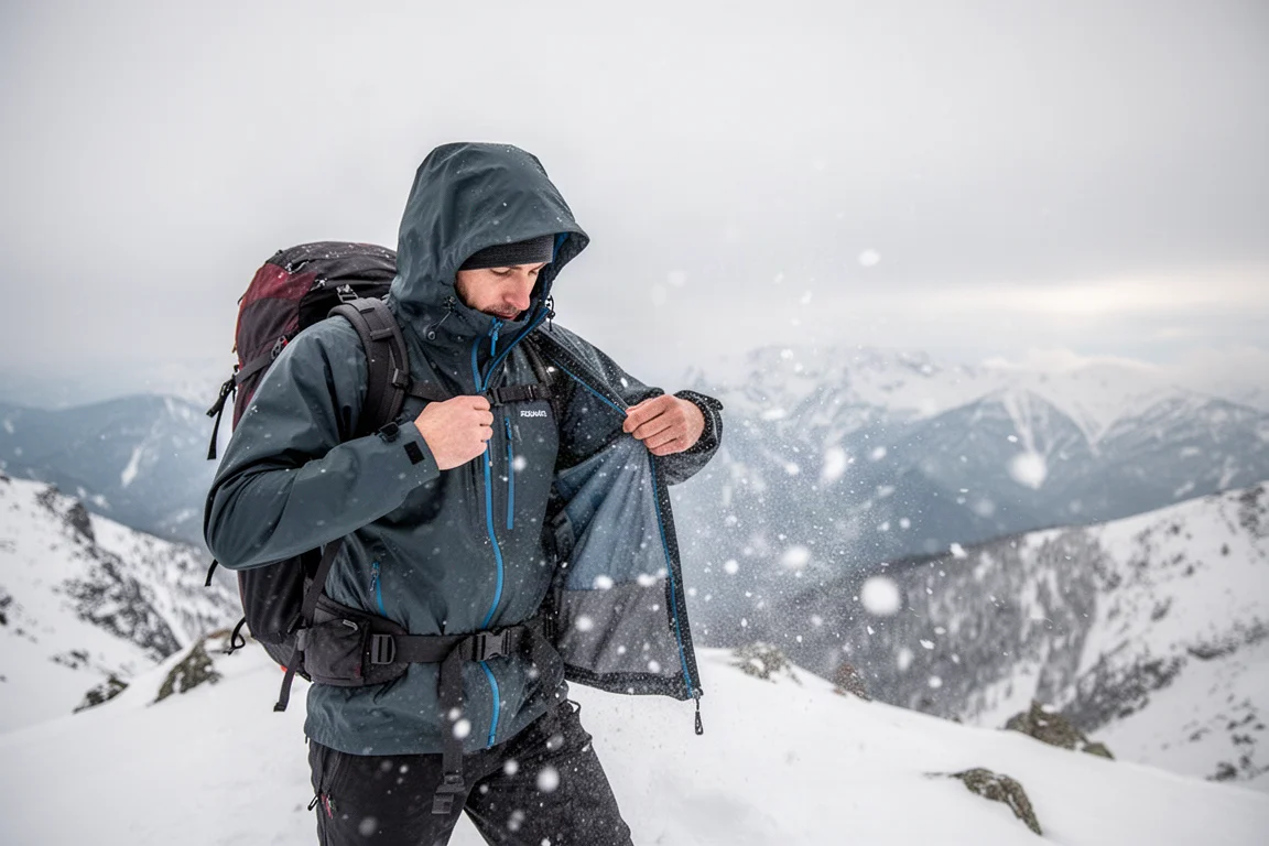 冬季背包客在风雪交加的山脊上调整分层衣物