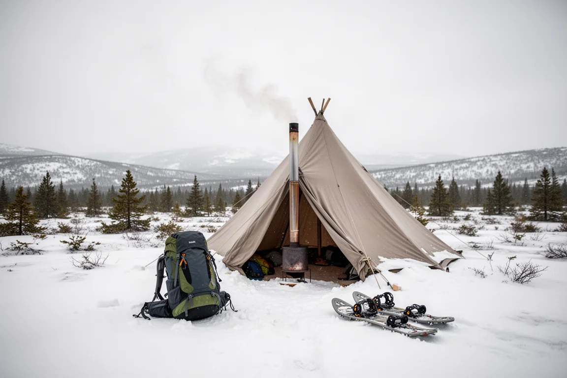 Winter backpacking scene with tipi shelter and gear on deep snow