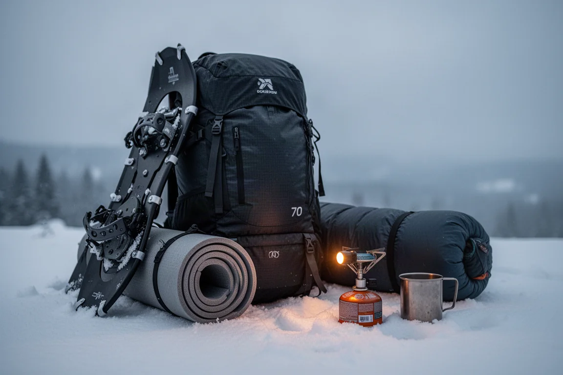 Winter backpacking gear flat-lay with backpack, sleeping bag, pad, chair, and cookware