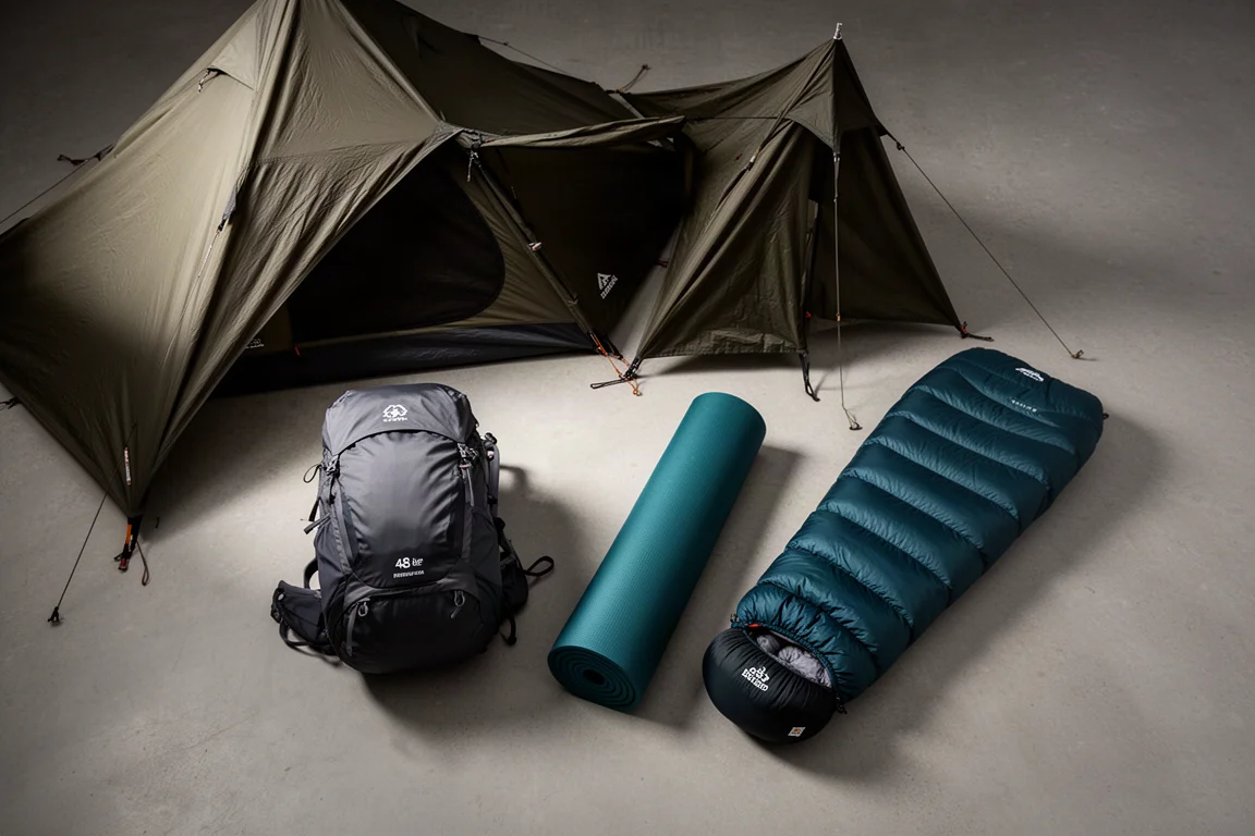 Winter backpacking gear flat-lay with tent, backpack, sleeping pad, and sleeping bag
