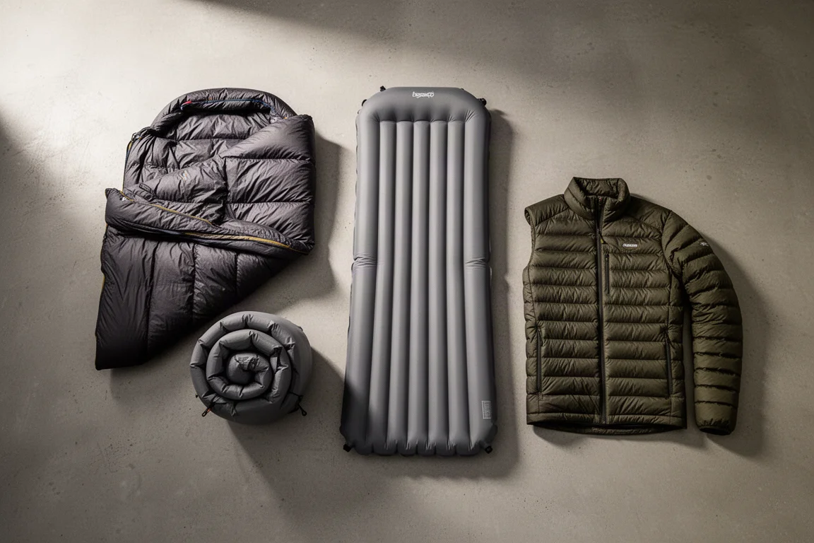 Flat-lay of winter backpacking gear including a down quilt, foam pad, inflatable pad and down jacket