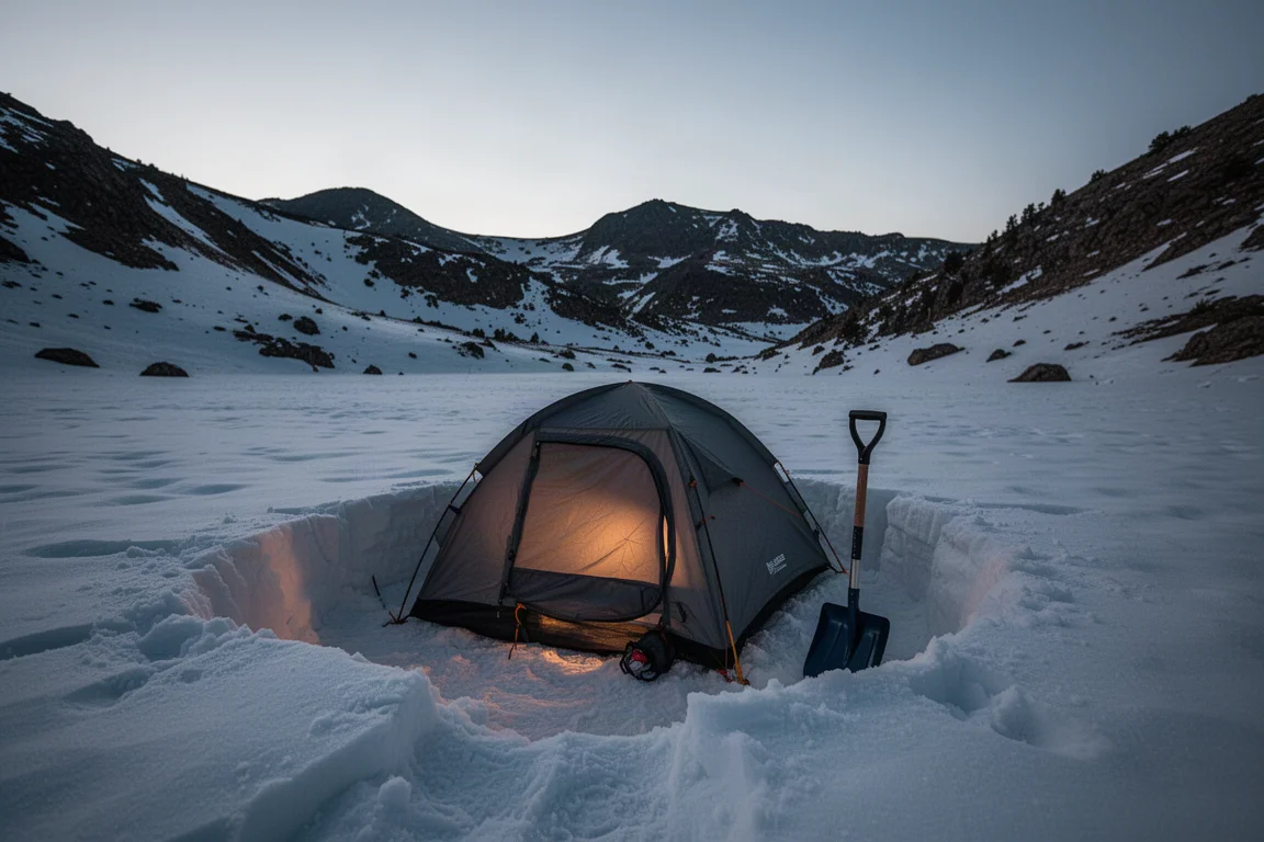 Frische Schuhspuren durchqueren bei erstem Licht ein schneebedecktes alpines Becken