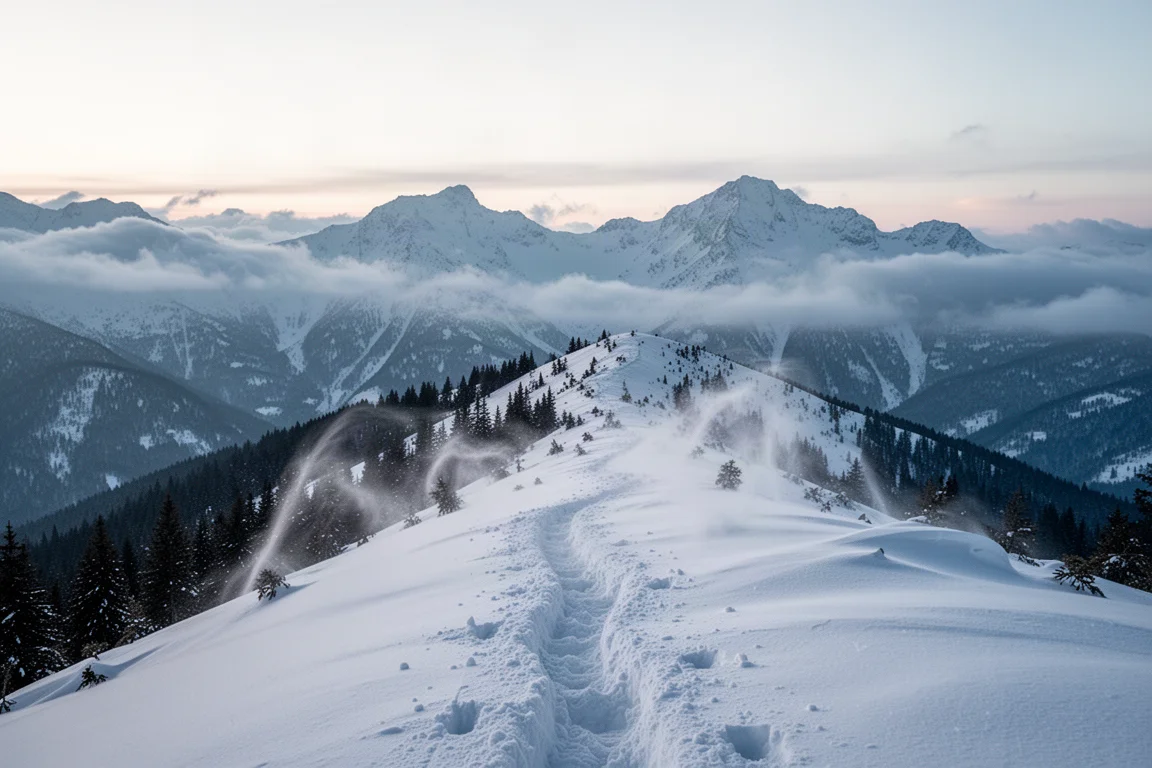 Wind-blown snow drifting across a boot-packed trail on an alpine ridge at dawn