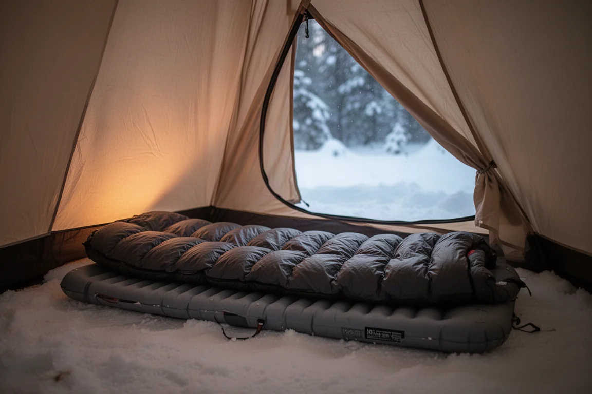 Quilt and sleeping pad laid out inside a tent with snow visible outside