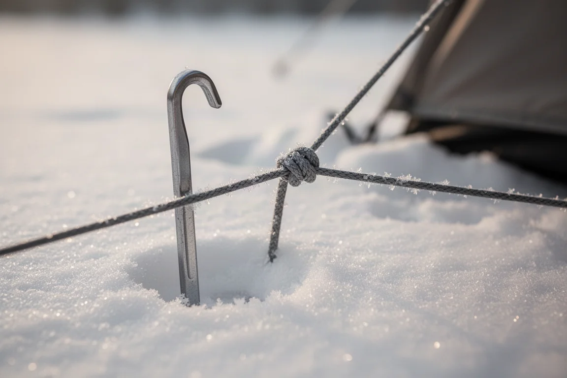Tent stake driven into packed snow with a taut guy line wrapped around it
