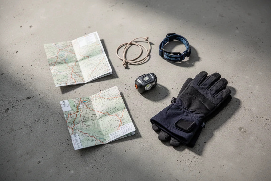 Overhead flat lay of small winter backpacking accessories on concrete
