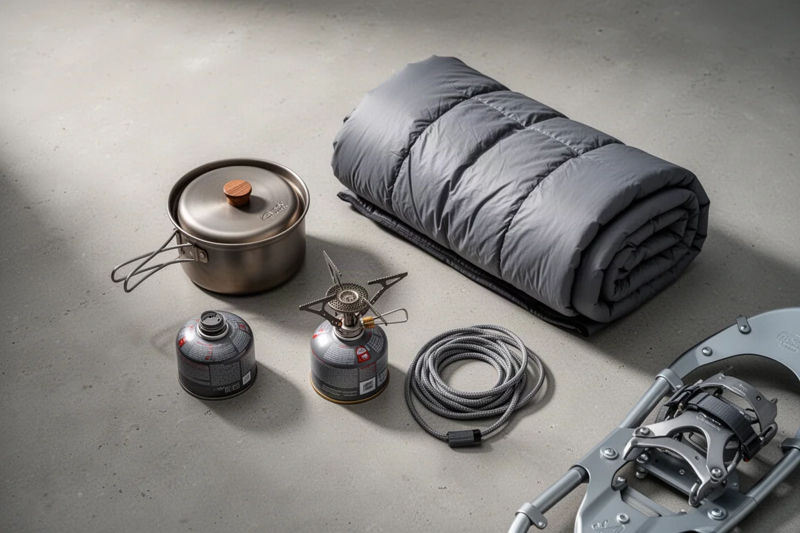 Overhead flat lay of winter backpacking gear including a titanium pot, stove, quilt, pad, and snowshoes