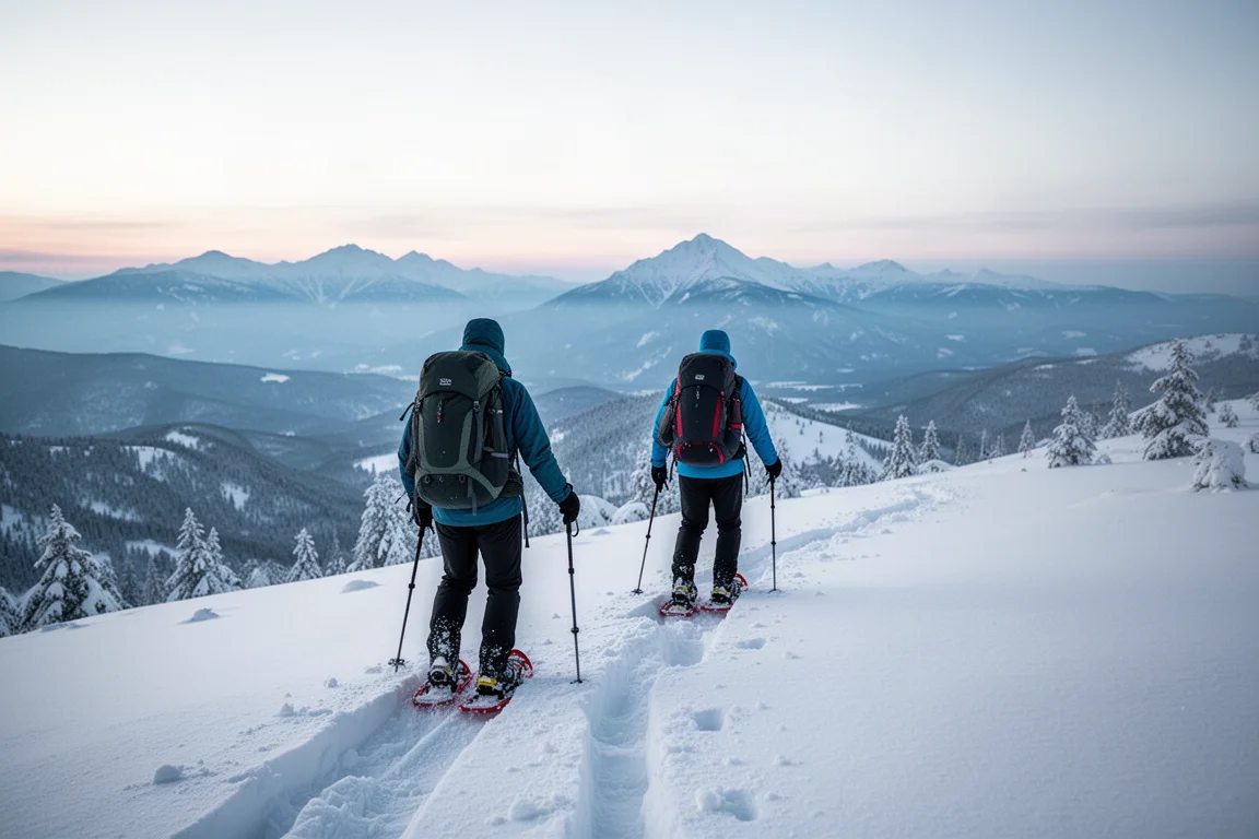 Two backpackers breaking trail through deep powder snow on a ridge at first light