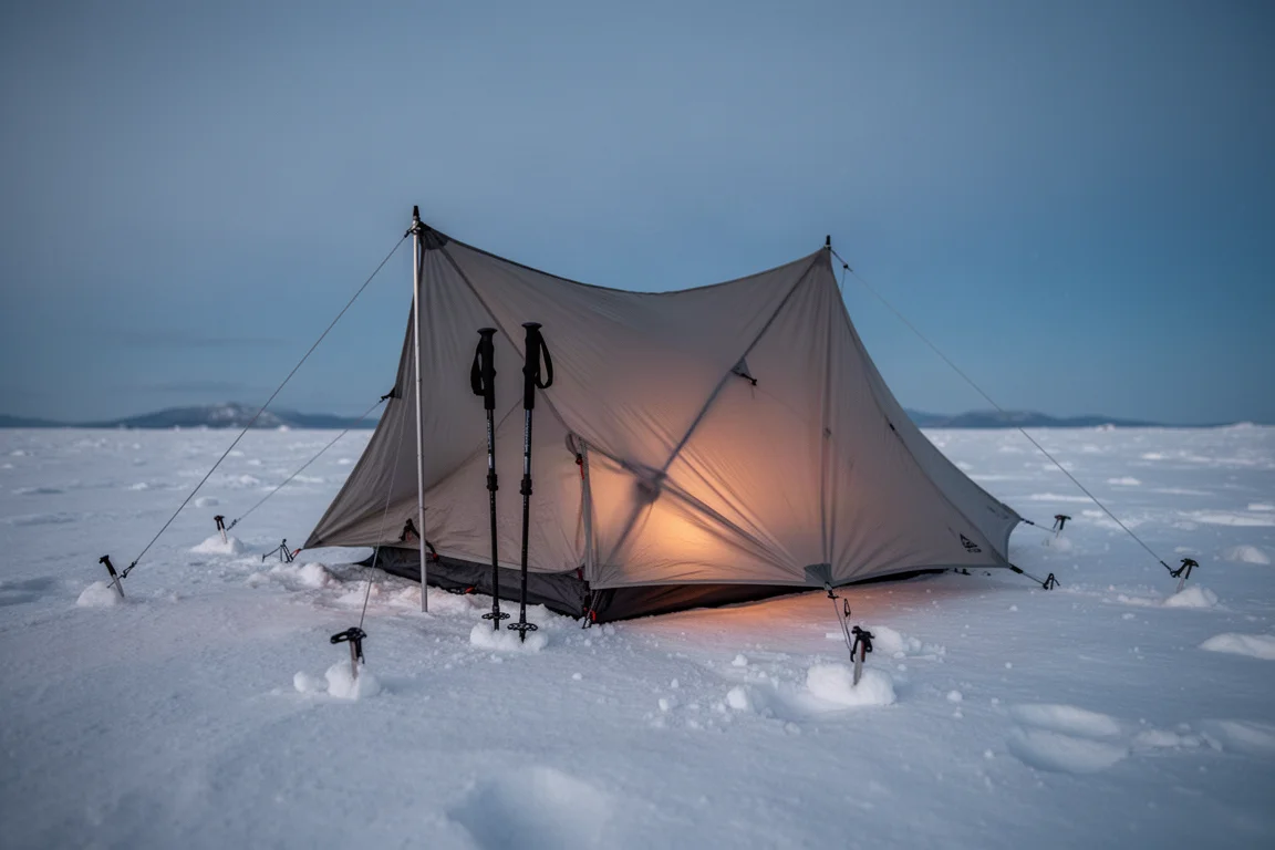 Ultralight trekking pole shelter pitched on snow at dusk with a warm interior glow