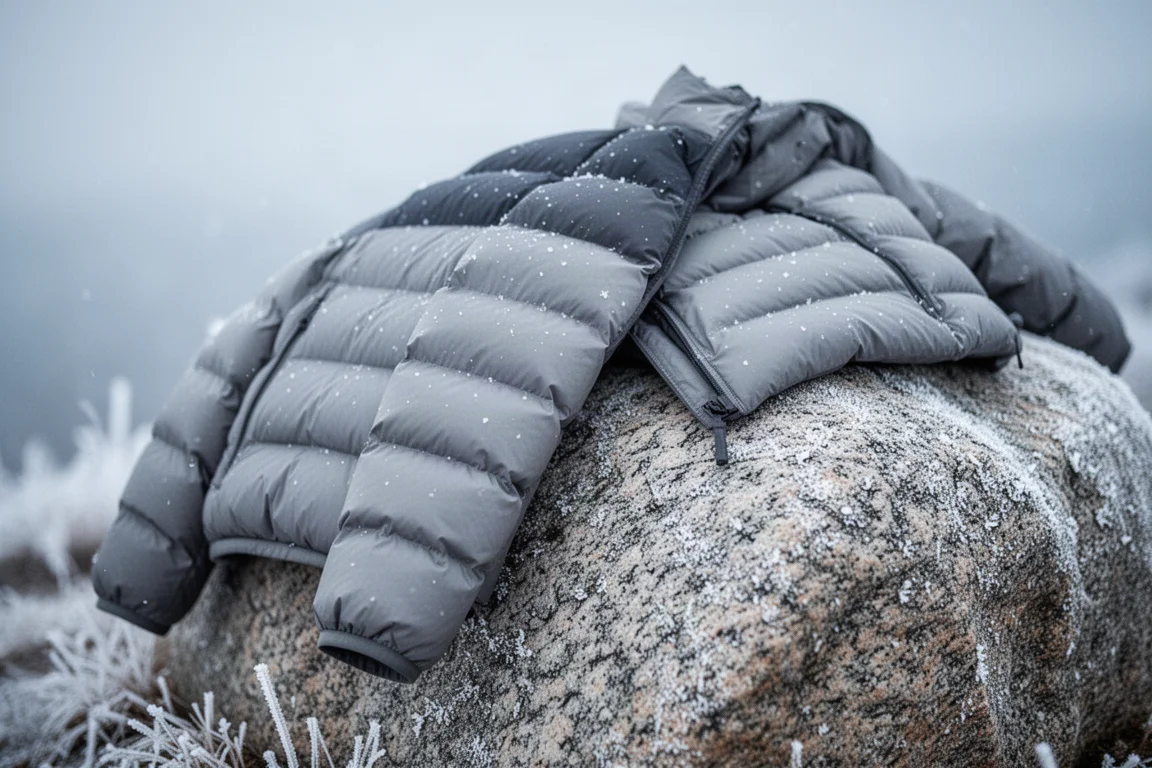 Lightweight down jacket draped over a frost-covered boulder in soft overcast light