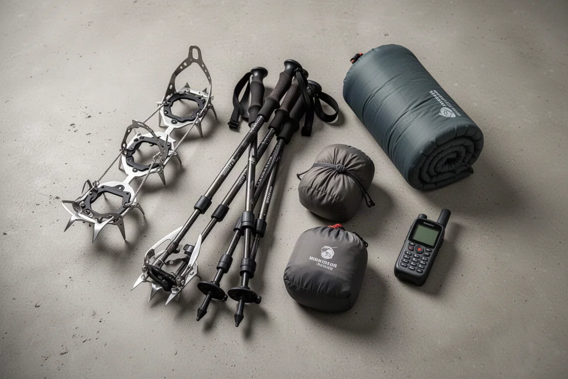 Overhead flat lay of winter backpacking essentials on a matte concrete surface