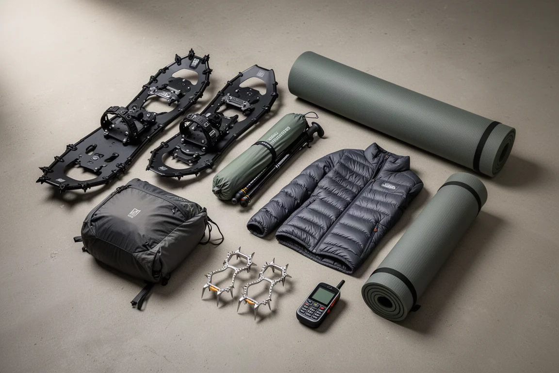 Winter backpacking gear arranged on a matte concrete surface with snowshoes, pack, crampons, and jacket